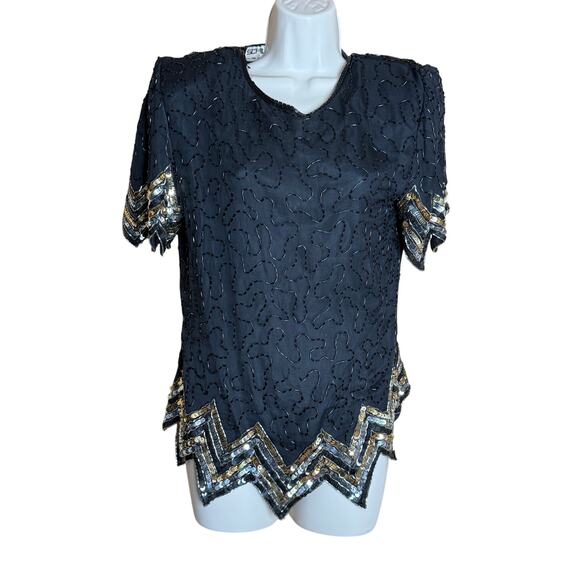 Scala Vintage Black and Gold Beaded Top Blouse M - Picture 1 of 6